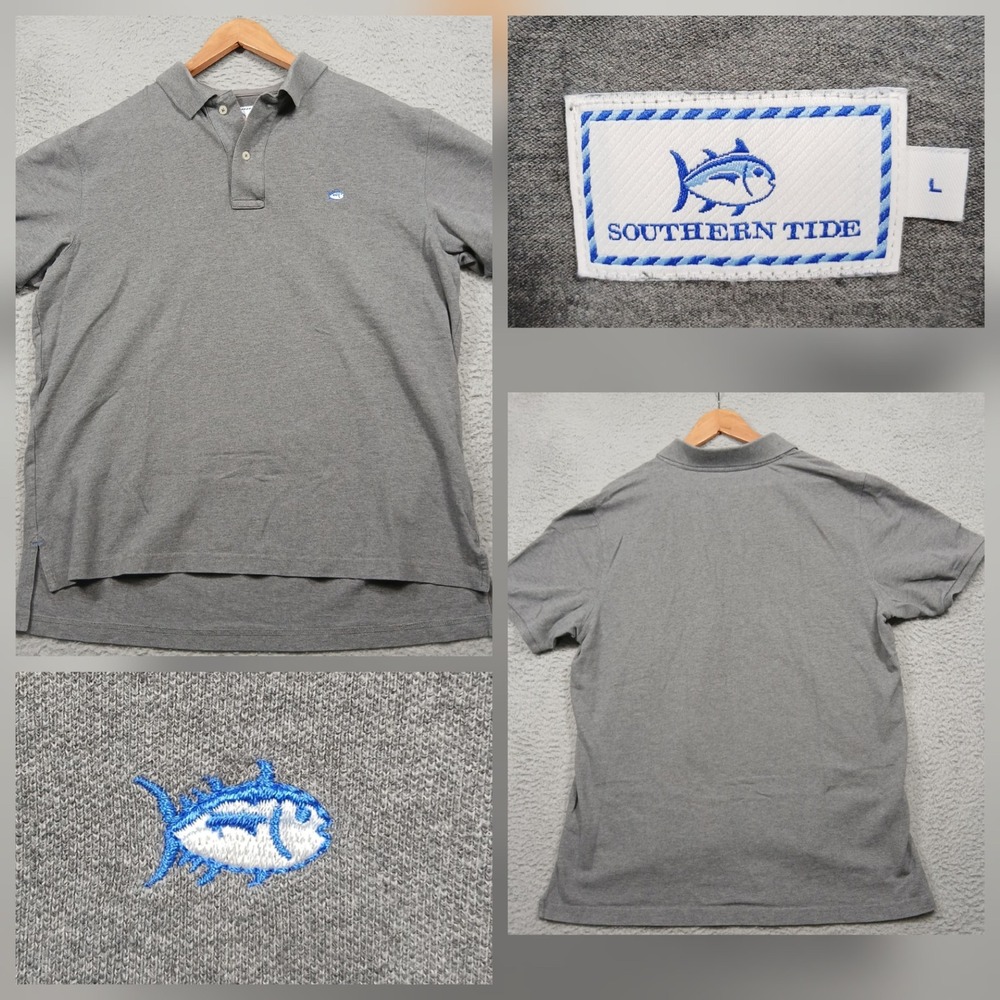 Southern Tide Polo Shirt Men's Large Gray Blue Fish Logo Classic Fit